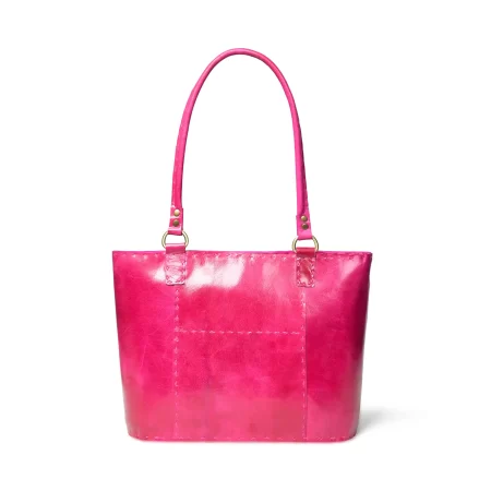 Front view of a pink leather tote bag 1