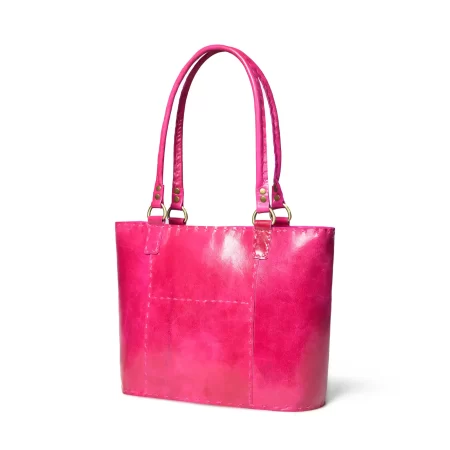 Side panel view of a pink leather tote bag 2