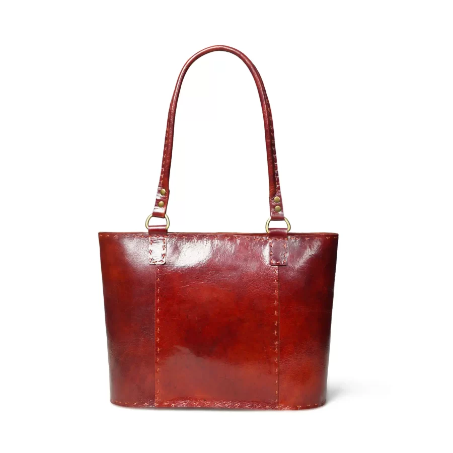 Back view of a cherry red leather tote bag 3.