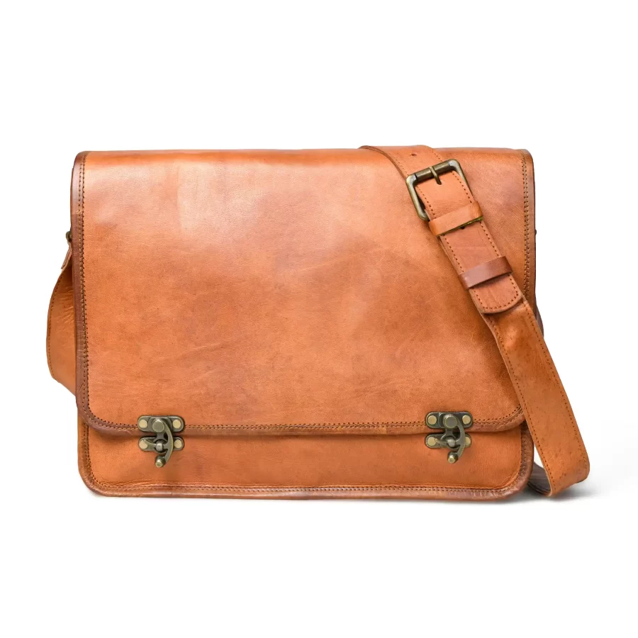 Front view of a light brown messenger laptop bag 1