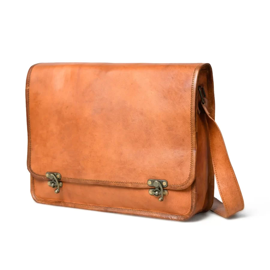 Side view of a light brown messenger laptop bag 2