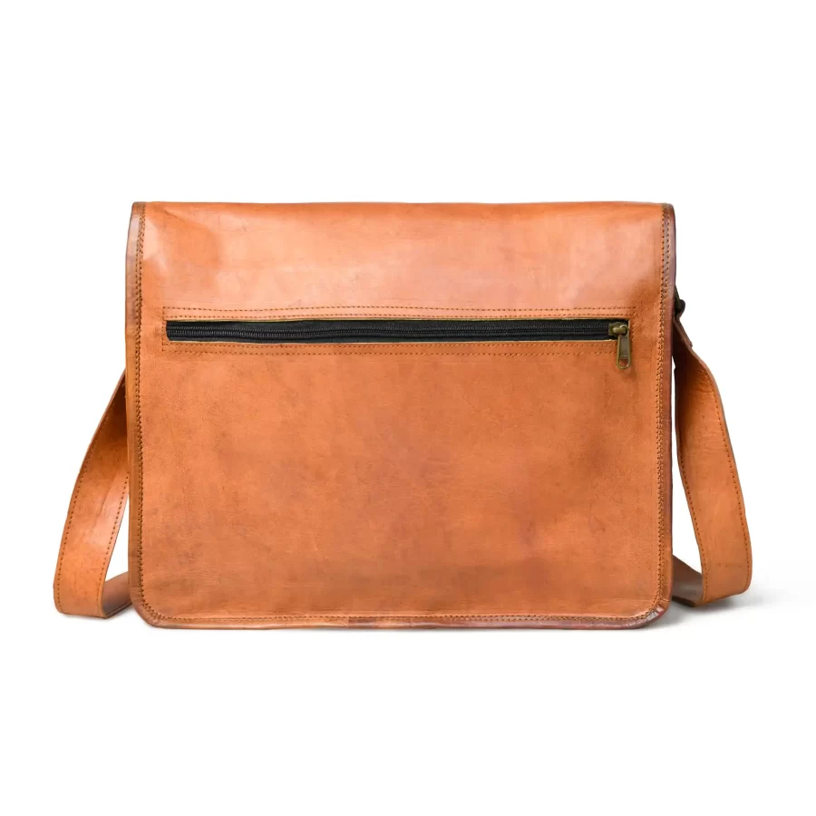 Back view of a light brown messenger laptop bag 3