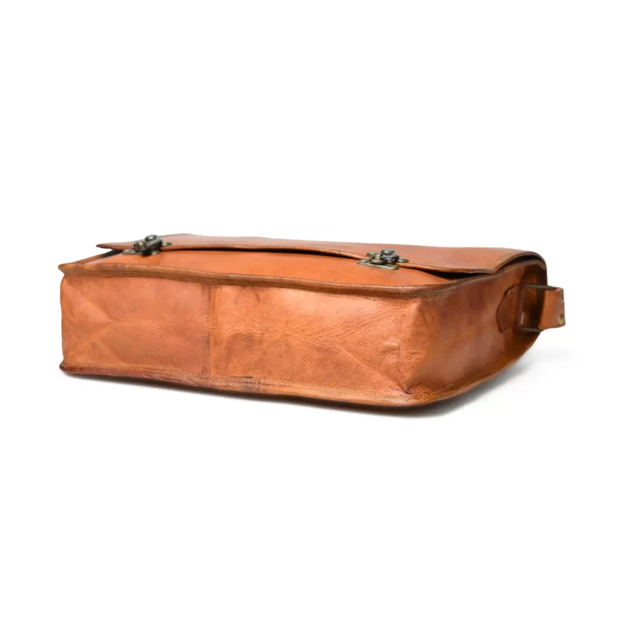 Bottom side view of a light brown messenger laptop bag 4