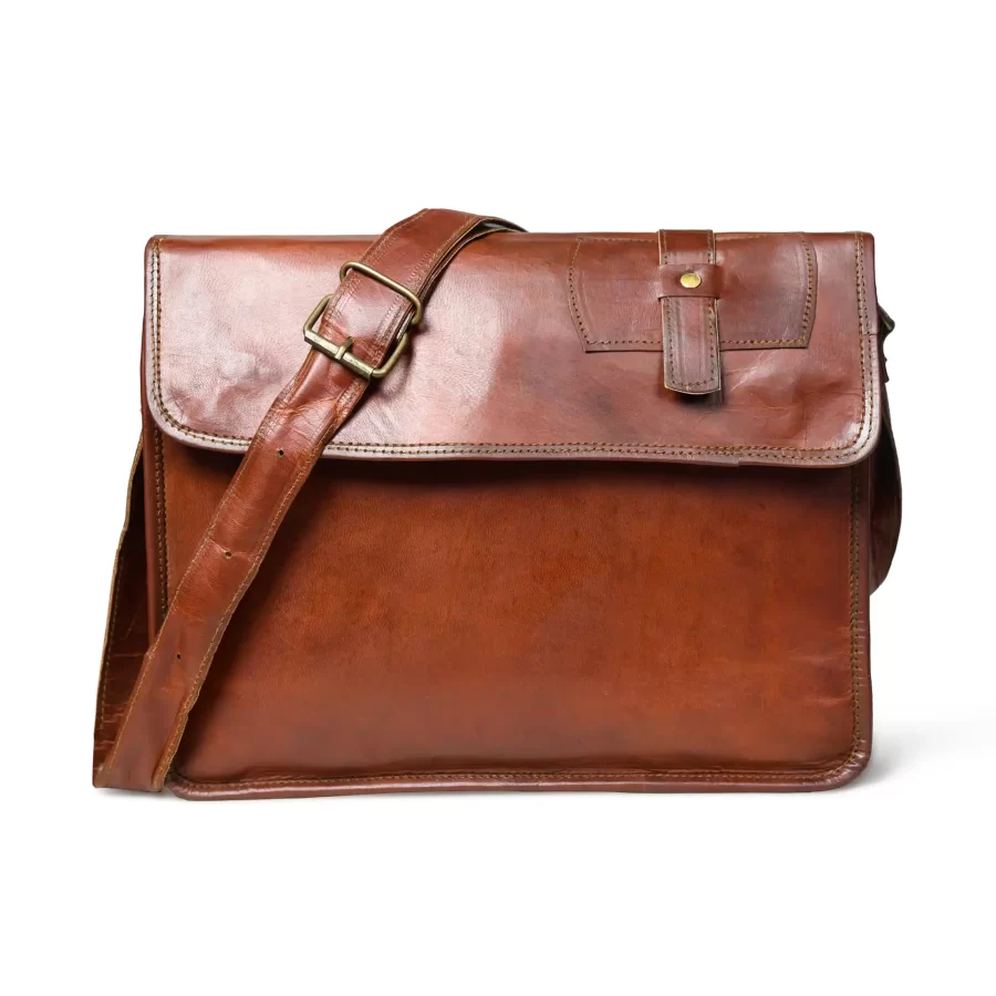 Front view of a brown messenger laptop bag 1