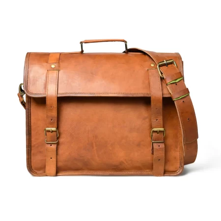 Front view of a tan brown office laptop messenger bag