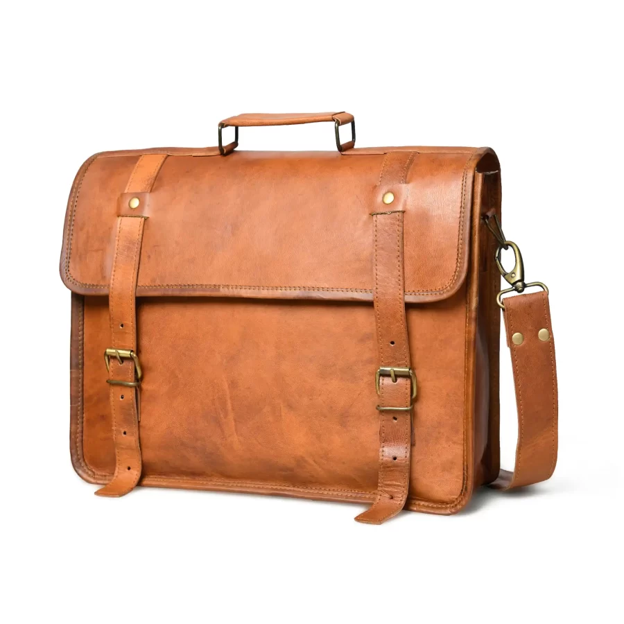 Side view of a tan brown office laptop messenger bag