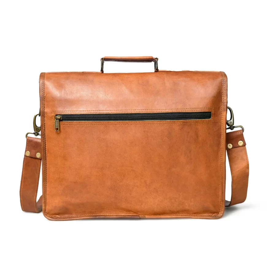 Back view of a tan brown office laptop messenger bag