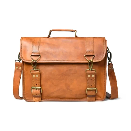 Front view of a tan brown leather messenger with satchel