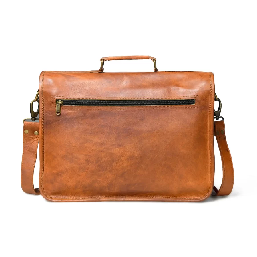 Back view of a tan brown leather messenger with satchel