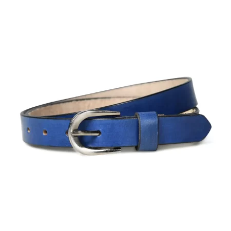 Dark blue leather belt with silver buckle viewed from the front