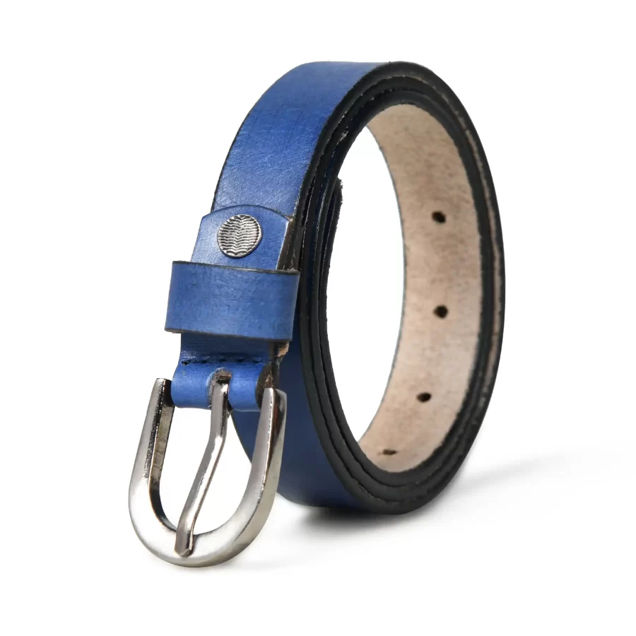 Blue leather belt with a silver buckle