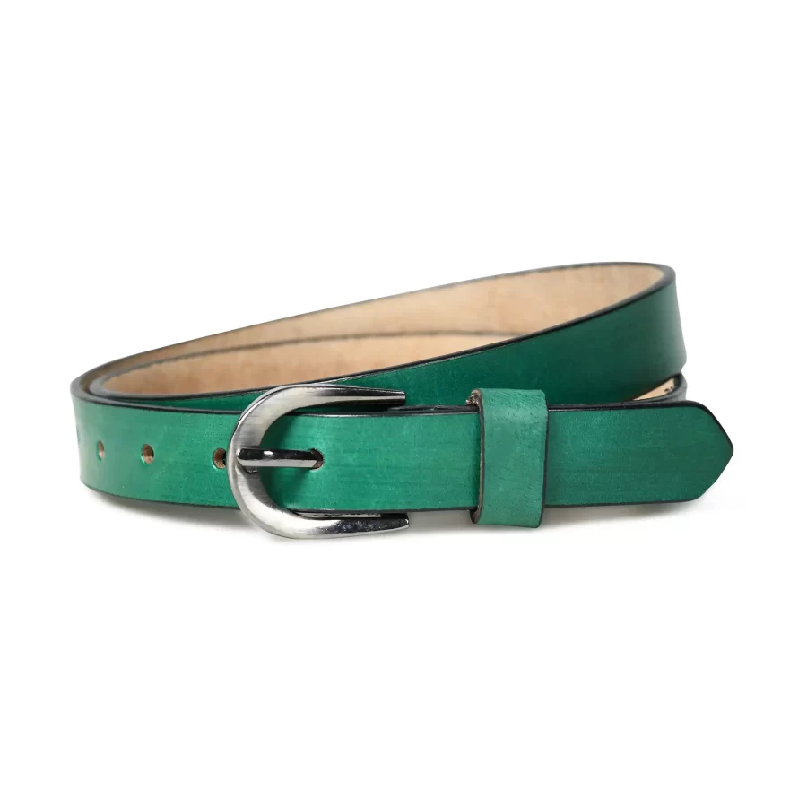 Light green leather belt with gold buckle viewed from the front