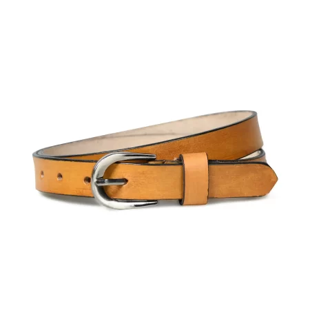 Close-up view of a tan brown leather belt showing detailed texture and stitching