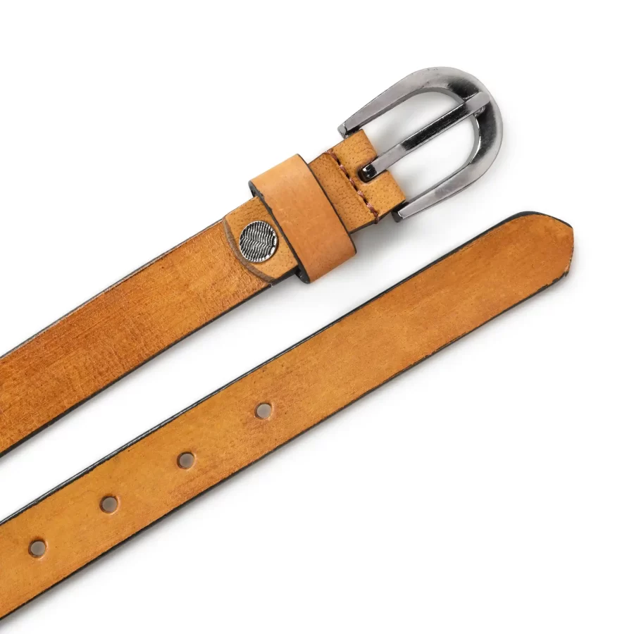 Front and backside of the tan brown leather belt displayed together