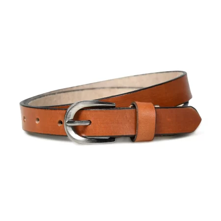 Close-up view of a light brown leather belt showing detailed texture and stitching