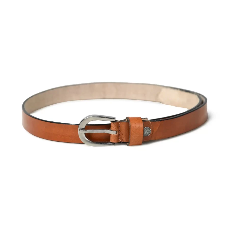 Full view of the light brown leather belt laid out flat