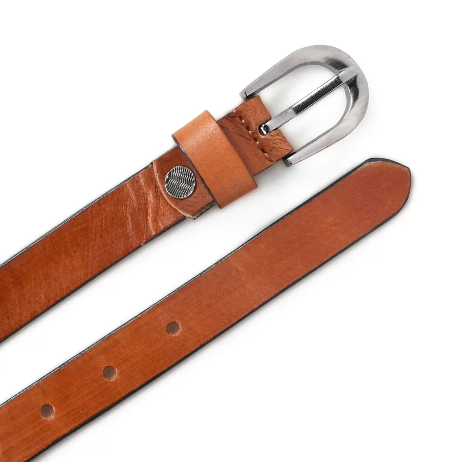 Front and backside of the light brown leather belt displayed together