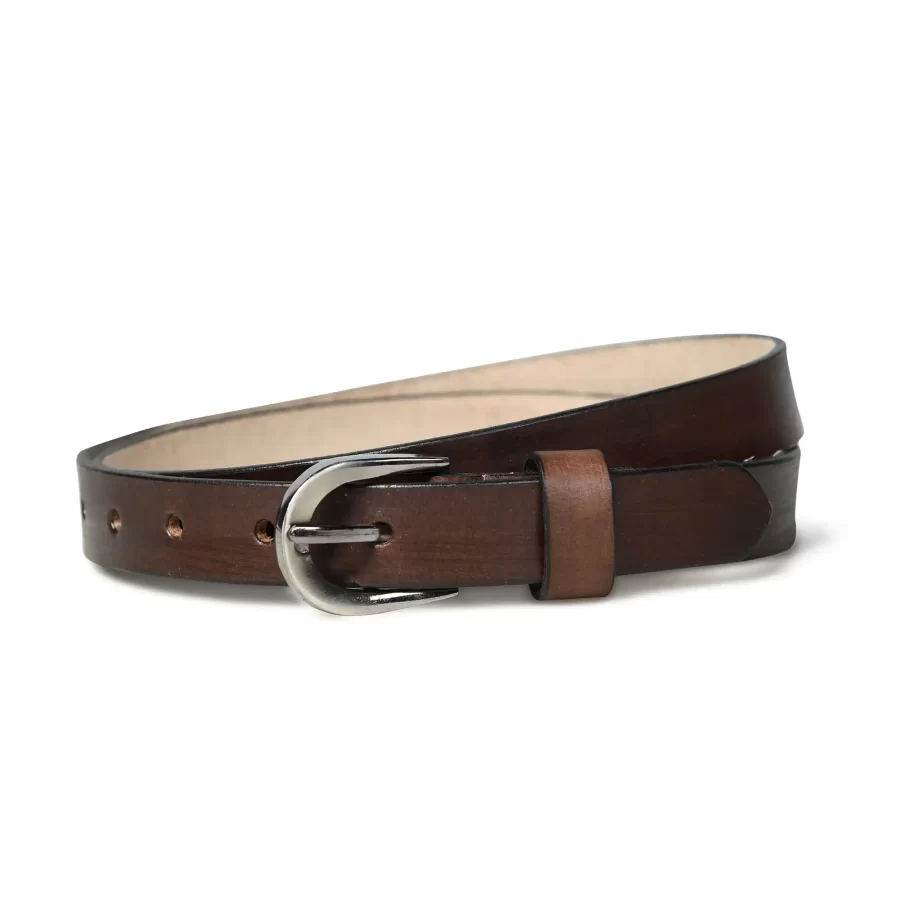 Close-up view of a dark brown leather belt showing detailed texture and stitching