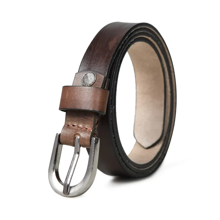 Dark brown leather belt rolled up with the front side and buckle visible