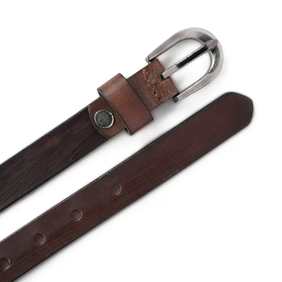 Front and backside of the dark brown leather belt displayed together.